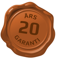 Et bilde av en voksforsegling med teksten 20 års garanti.