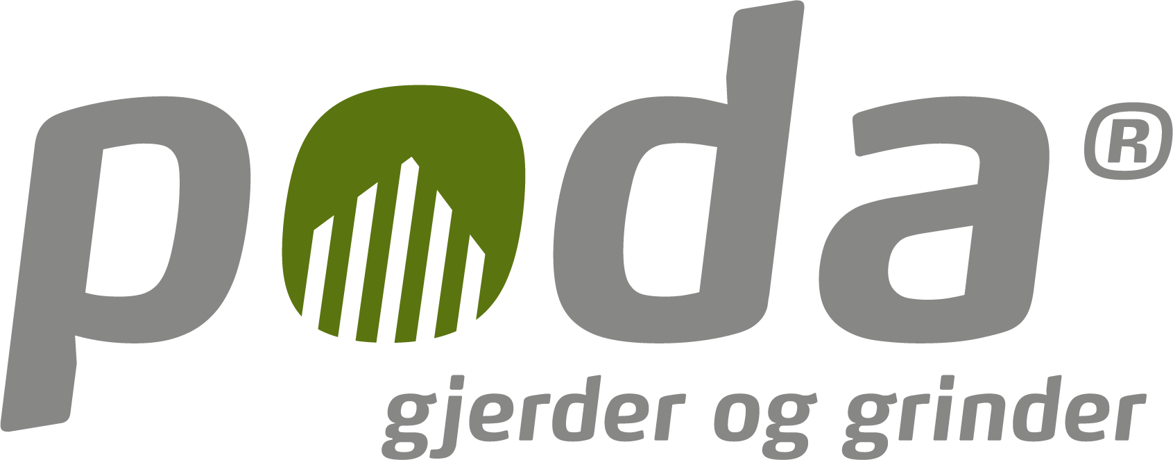 Poda-logo med teksten «gjerder og grinder» på hvit bakgrunn.