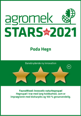 Agromek Stars 2021-pris til Poda Hegn for FaunaWood, en innovativ naturgjerdestolpe, impregnert med bioharpiks og 100 % resirkulerbar.