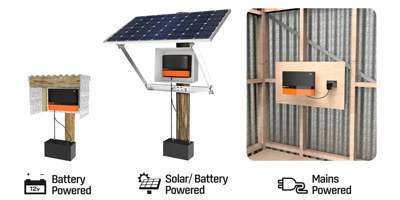 3 forskjellige strømkilder vises. En på batteri, en solcelledrevet og en til stikkontakt.