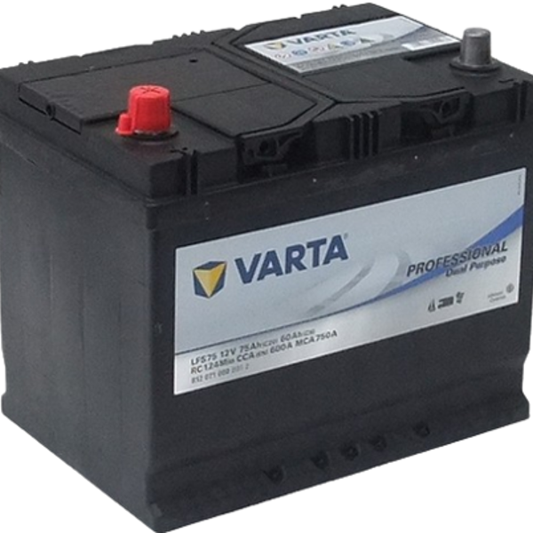 Batteri fra merket VARTA til strømgjerdeapparat med rød pluss-pol og grå minus-pol. Batteriet har etiketten "VARTA PROFESSIONAL Dual Purpose" og er designet for energiforsyning.