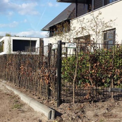 I forgrunnen er det et svart panelgjerde, i bakgrunnen er det et hvitt hus