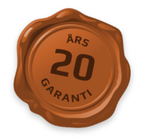 Brunt vokssegl med teksten «20 års garanti».