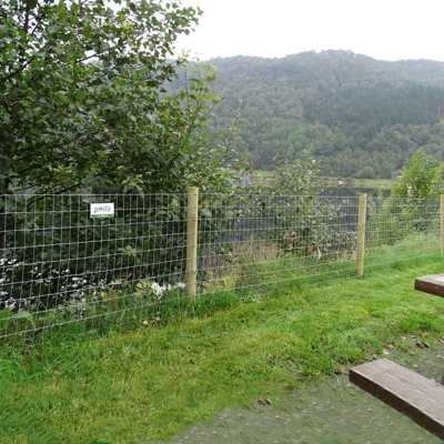 Et Multinet-gjerde rammer inn en park ved en innsjø
